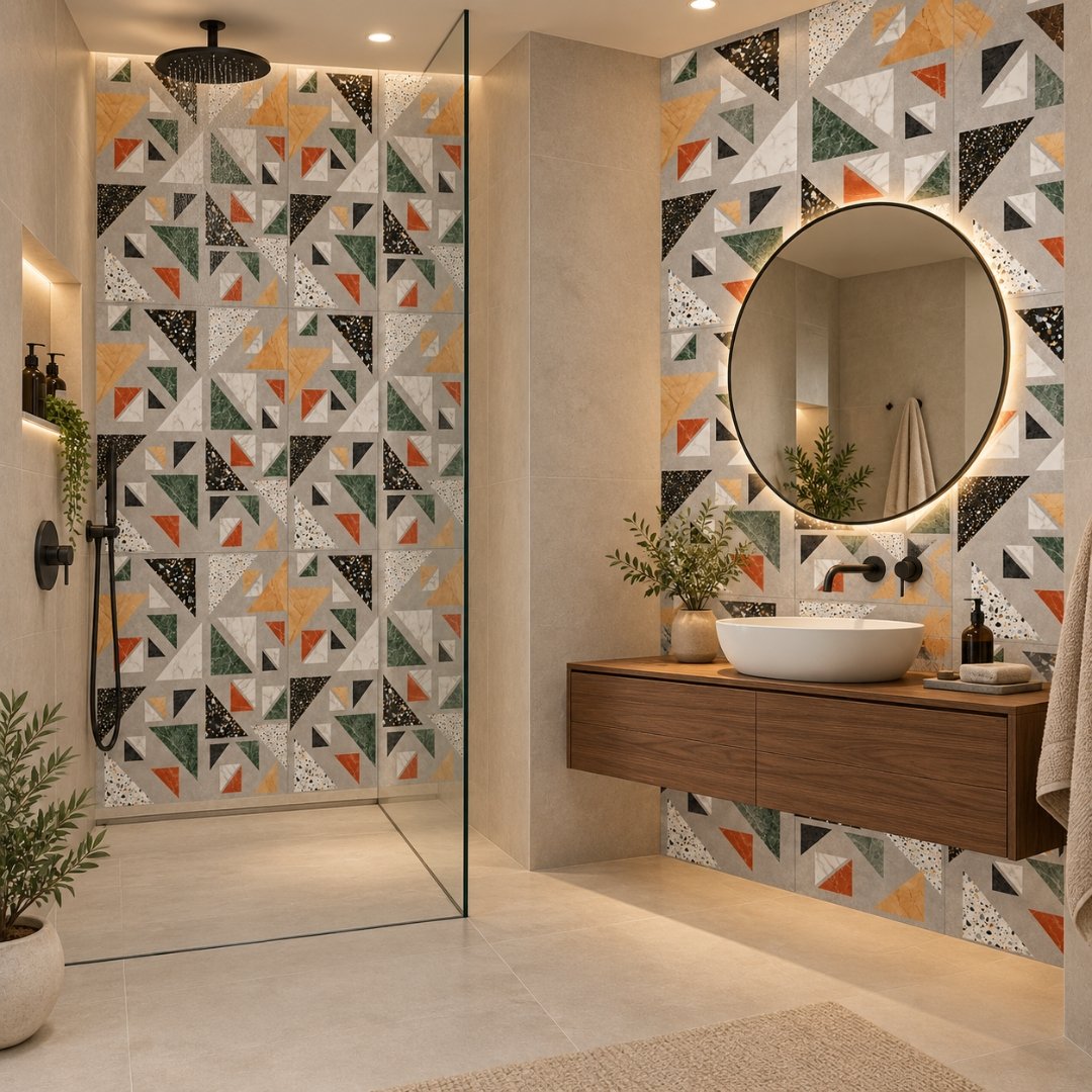 Exotica Kenza Gray, geometric wall tile for bathroom
